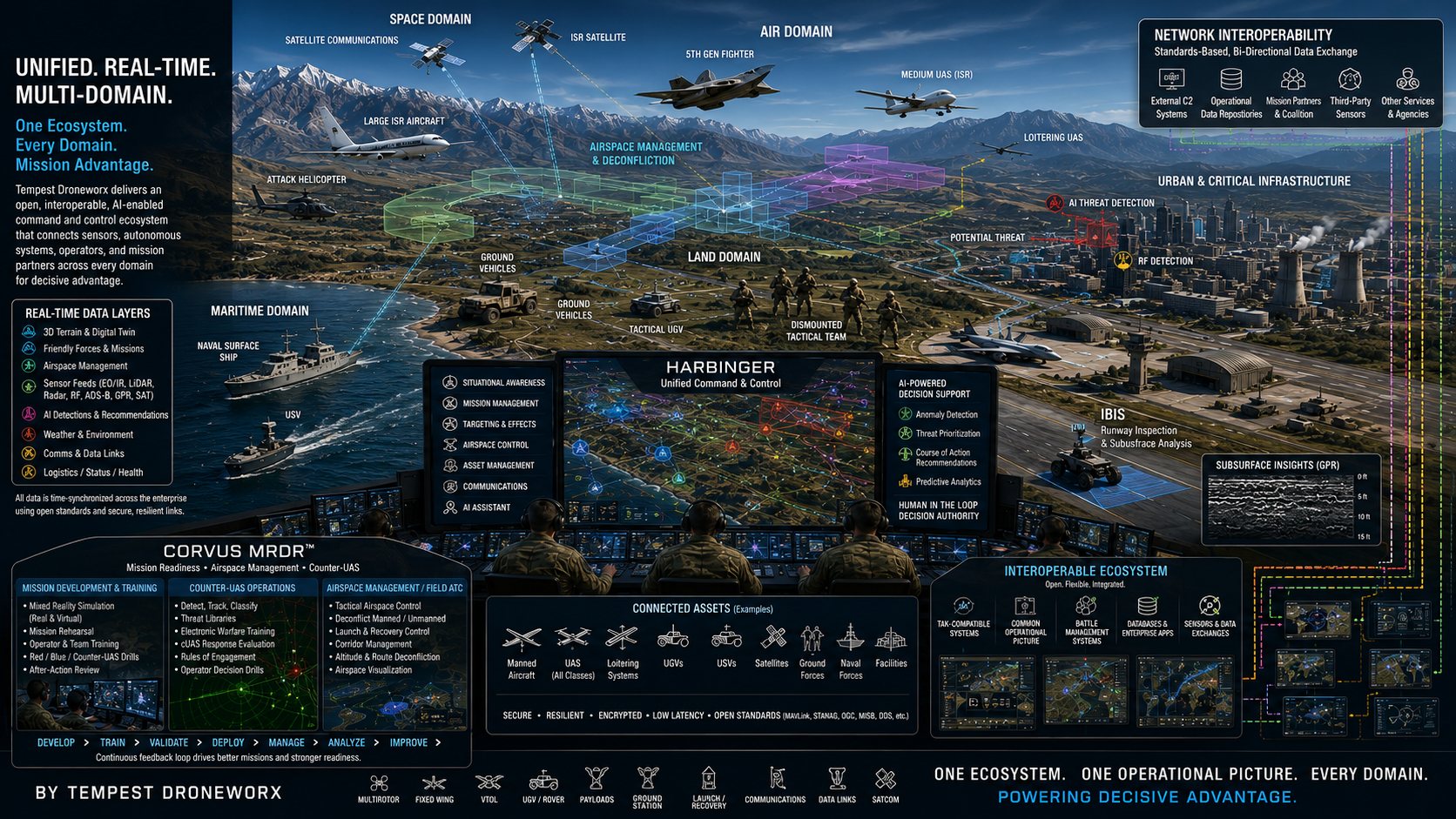 Tempest Droneworx&trade; ecosystem operational concept graphic — Harbinger&trade;, IBIS&trade;, and Corvus MRDR&trade; across all domains